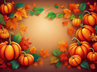 Pumpkins and autumn leaves with copy space