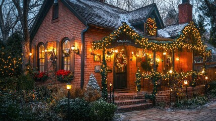 Fototapeta premium A quaint brick bed and breakfast decorated with holiday lights, offering a warm, inviting glow to travelers looking for a cozy stay during their winter travels