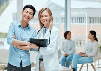 People, doctor and portrait with patient on file with results, report and feedback on health...