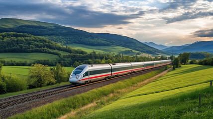 Fototapeta premium A sleek modern train races through lush green fields under a brilliant blue sky, showcasing the beauty of travel in a natural landscape