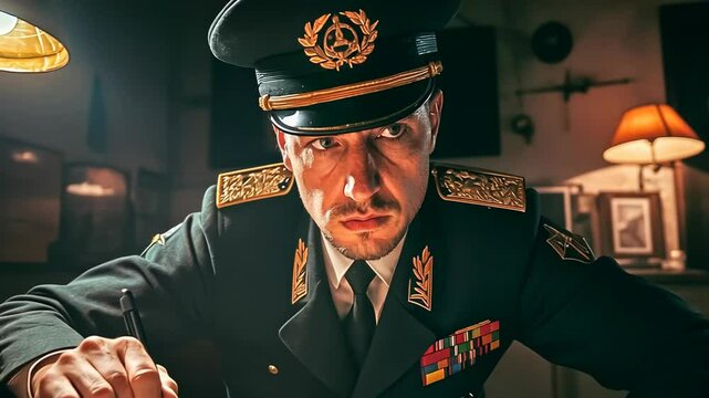 A stern-looking male officer in uniform studies a map under warm lamp light, likely at night. Wearing a cap and decorated with badges, he appears focused and intent on strategy. The setting feels