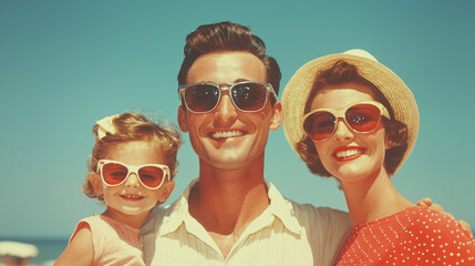 Obraz premium A happy family of three smiles for the camera on a sunny day.