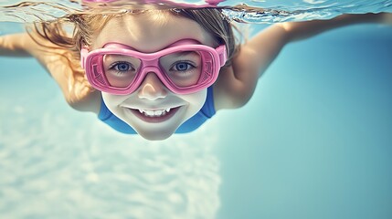 Fototapeta premium a smiling girl swimming underwater in a pool, looking at the camera, wearing pink goggles and a blue outfit, 