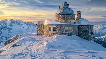 A remote stone observatory on a snowy mountain peak, using its thick walls to shield sensitive equipment from the extreme cold