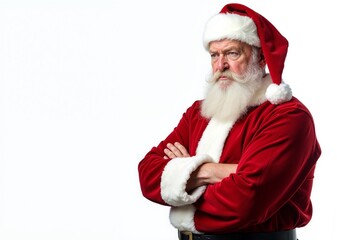 Santa Claus with stern expression posing with arms crossed against white background with copy space