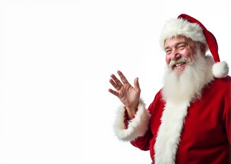 Naklejka premium Santa Claus with cheerful smile waving against white background with copy space