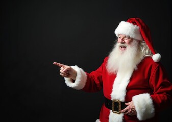 Naklejka premium Santa Claus with jolly expression pointing against dark background with copy space