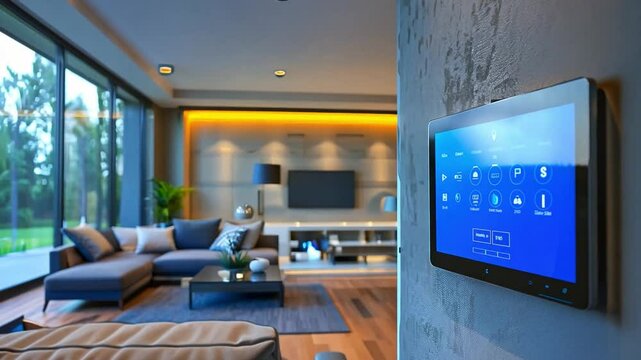 The spacious living room features a smart home control panel on the wall, stylish furniture, large windows allowing natural light, and a serene outdoor view.