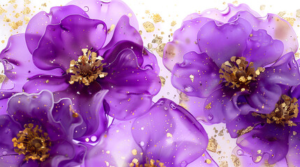 Elegant purple flowers with golden accents set against a marble ink background