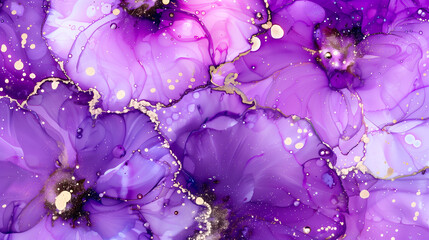 Elegant purple marble ink background with floral patterns and golden accents