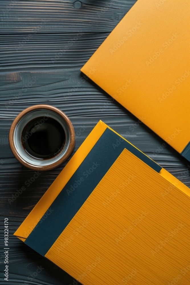 Poster a warm cup of coffee next to a book and a notebook, perfect for studying or reading