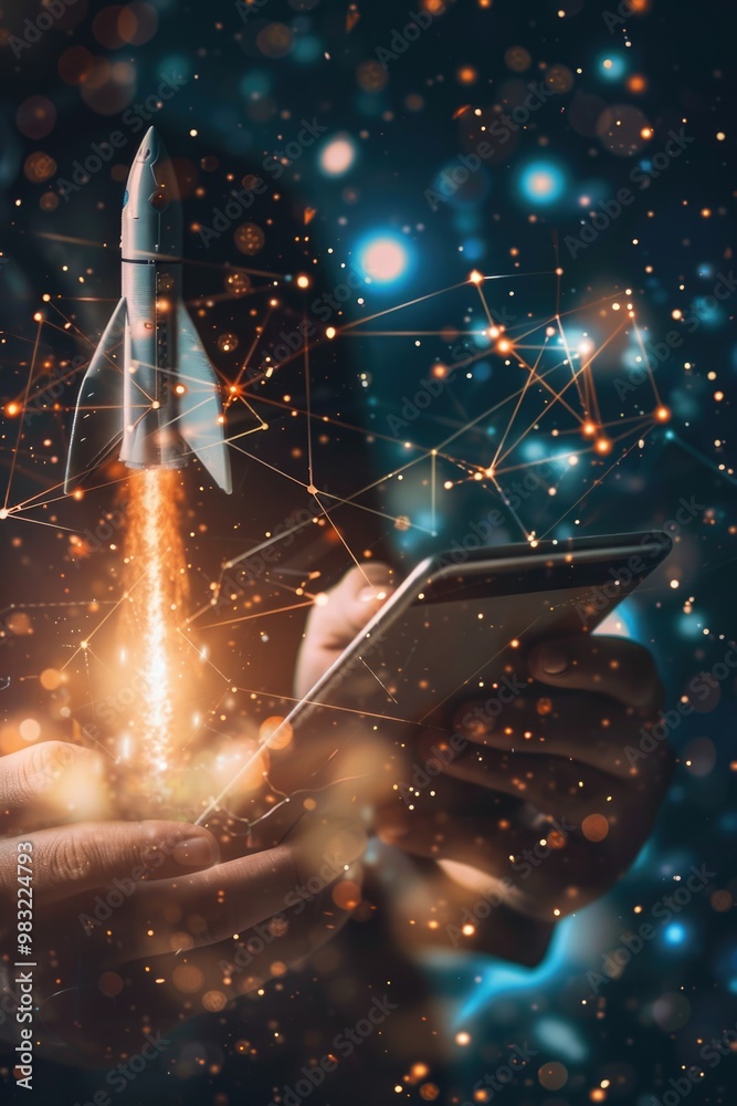 Poster a person holds a cell phone near a rocket, possibly waiting for a signal or taking a photo