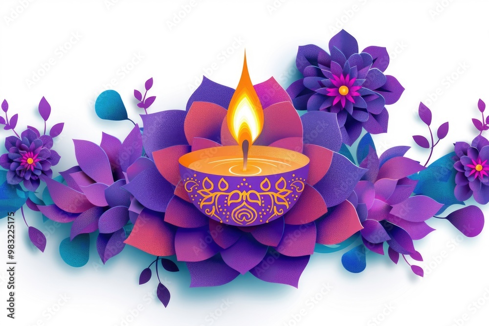 Canvas Prints A paper cut of a candle surrounded by purple flowers, ideal for use in floral or vintage-themed designs