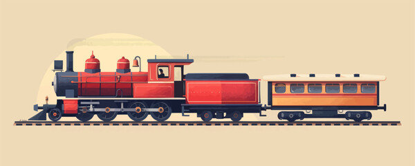Nostalgic model train with locomotive and tracks Vector flat minimalistic isolated illustration