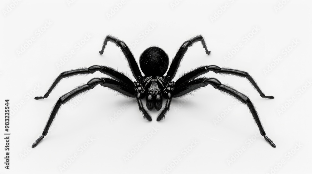 Poster a single black spider sits on a smooth white surface, highlighting its dark color and intricate deta