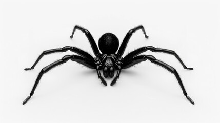 A single black spider sits on a smooth white surface, highlighting its dark color and intricate details