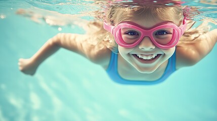 Fototapeta premium a smiling girl swimming underwater in a pool, looking at the camera, wearing pink goggles and a blue outfit, 