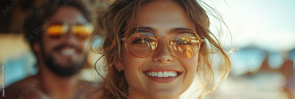 Canvas Prints Woman in round sunglasses smiles for the camera.