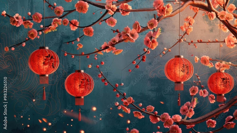 Poster A collection of red lanterns suspended from a tree branch, creating a warm and cozy atmosphere