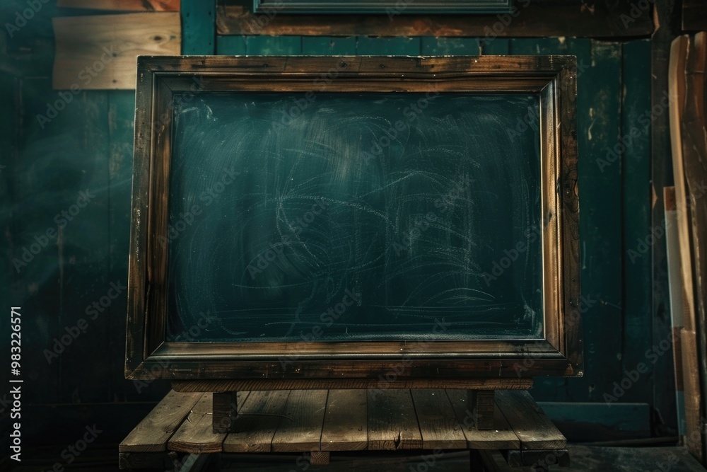 Poster a blackboard sits atop a wooden table, suitable for writing notes or displaying information