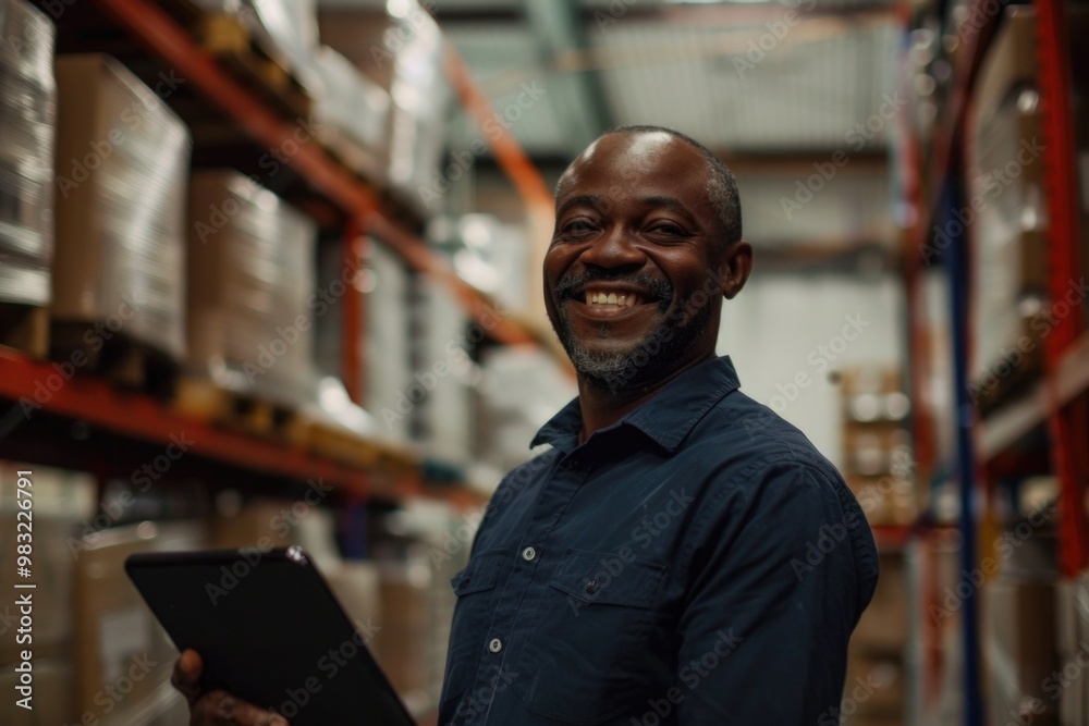 Poster a person standing in a warehouse holding a tablet computer, suitable for business or technology-rela