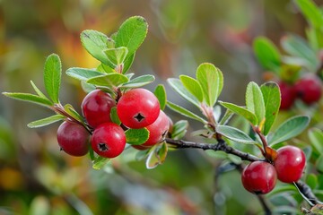 Close up shot of a bearberry shrub bearing ripe red berries, showcasing the vibrant colors of nature