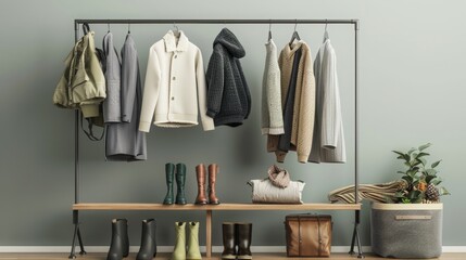 A stylish entryway with a coat rack, bench, and storage basket.