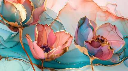 Elegant flowers in soft hues against a marble ink background with golden accents