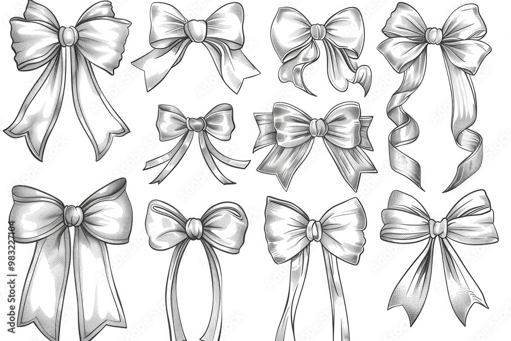 Poster a set of variously designed bows drawn with pencil