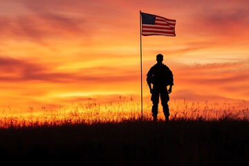 Silhouette of a soldier standing in front of an American flag at sunset, patriotic concept