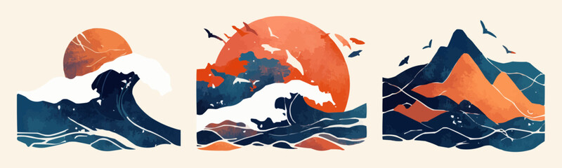 Abstract bitmap textured shapes: cloud, wave, and leaf with distressed texture, vector flat minimalistic isolated