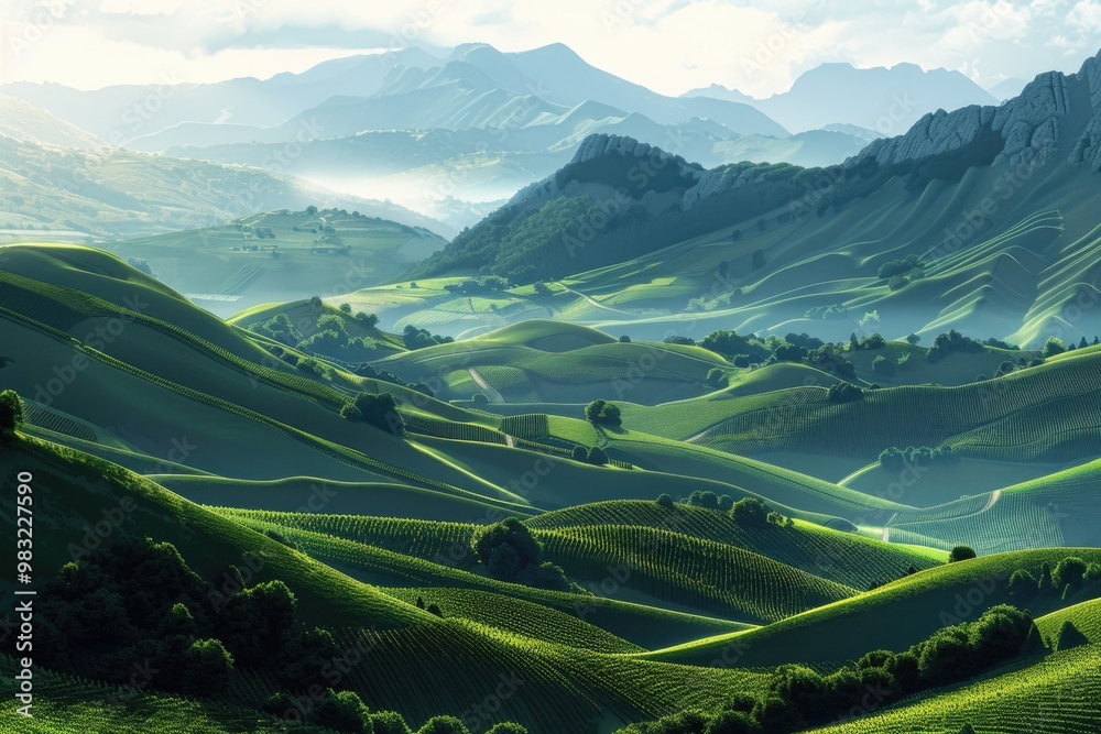 Poster a scenic view of a mountain range with a valley in the foreground, ideal for use in outdoor and natu