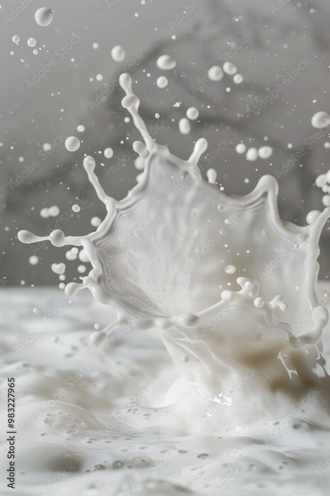 Poster a close-up view of a splash of milk on a white surface