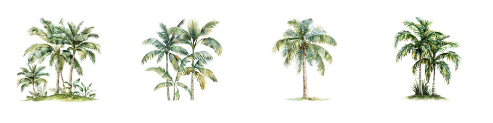 Set of watercolor tropical palm trees isolated on transparent background.