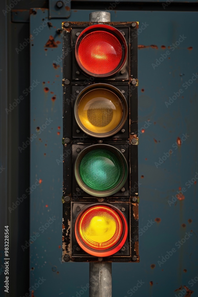 Poster A close-up view of a traffic light on a pole, suitable for use in urban or transportation-themed contexts