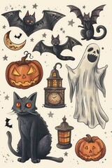 A collection of Halloween items featuring bats, pumpkins, and a cat