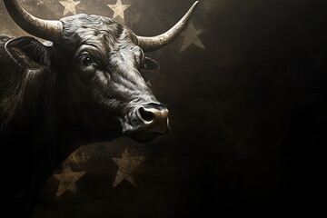 Naklejka premium Black bull on the dark background with stars, banner with copy space