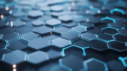 Fototapeta premium A minimalistic hexagon pattern in soft gray and blue tones, interconnected by thin, glowing lines, representing data exchange and networking in a tech environment.