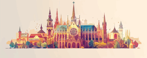 Naklejka premium Gothic cathedral with towering spires and intricate stained glass. Vector flat minimalistic isolated illustration.