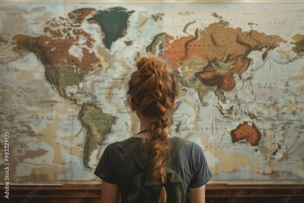 Poster a traveler studying a map while wearing a backpack