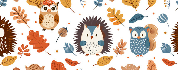 Obraz premium Cute forest critters like hedgehogs, owls, and squirrels with leaves and nuts, flat, vector illustration, seamless pattern background design.