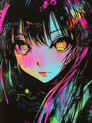 Neon Anime Girl with Bright Colors and Detailed Expression