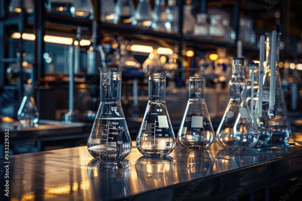 Aufkleber row of glass flasks displayed on a countertop, perfect for science or laboratory-themed visuals