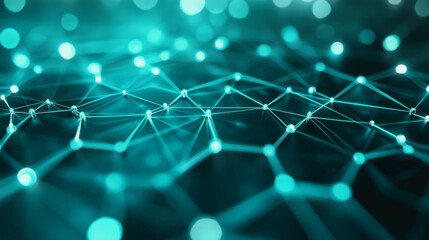 Glowing hexagon shapes in a soft gradient of teal and green, connected by bright lines, symbolizing cutting-edge network infrastructure and data transfer.