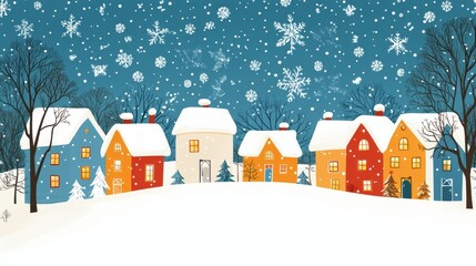 Obraz premium Snowy village landscape with cozy homes and tall trees in a winter wonderland setting