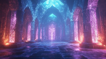 Obraz premium Mystical Cavernous Dungeon with Shimmering Crystals and Ancient Runes - Fantasy 3D Render