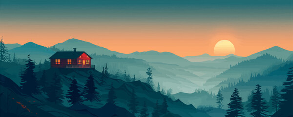 A serene mountaintop retreat with panoramic views of the landscape. Vector flat minimalistic isolated illustration.