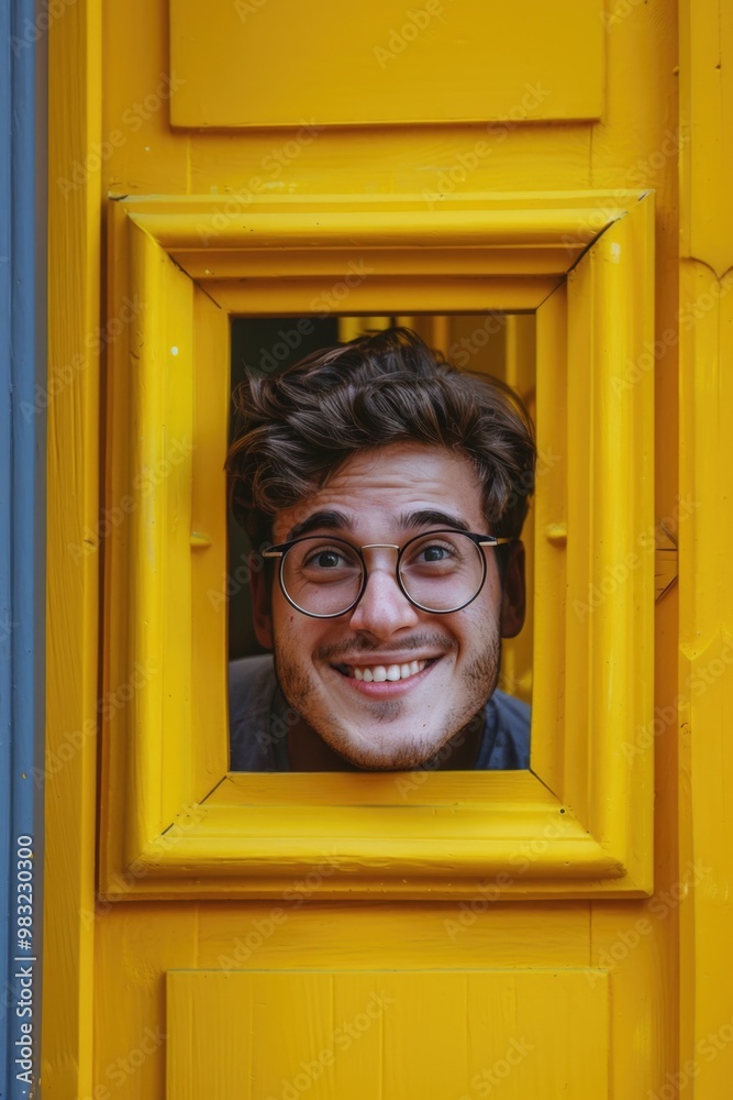 Poster A person with glasses inspecting a yellow door, possibly trying to find something or checking for hidden details