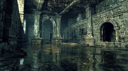 Fototapeta premium Mystical 3D Dungeon: Waterlogged Section with Eerie Reflections and Ancient Ritual Remnants