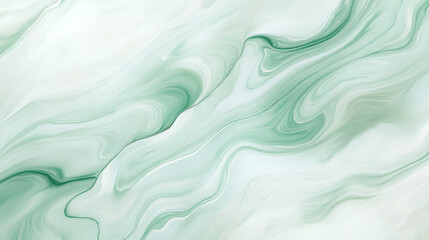 Fototapeta premium Liquid marble texture in soft mint green and ivory white, with smooth, flowing lines creating a minimalistic, serene pattern.